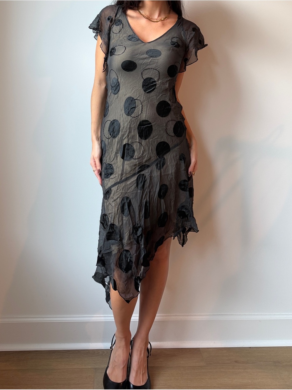René Derhy Y2K Bias Cut Sheer Silk Blend Polka Dot Beaded Dress Size S